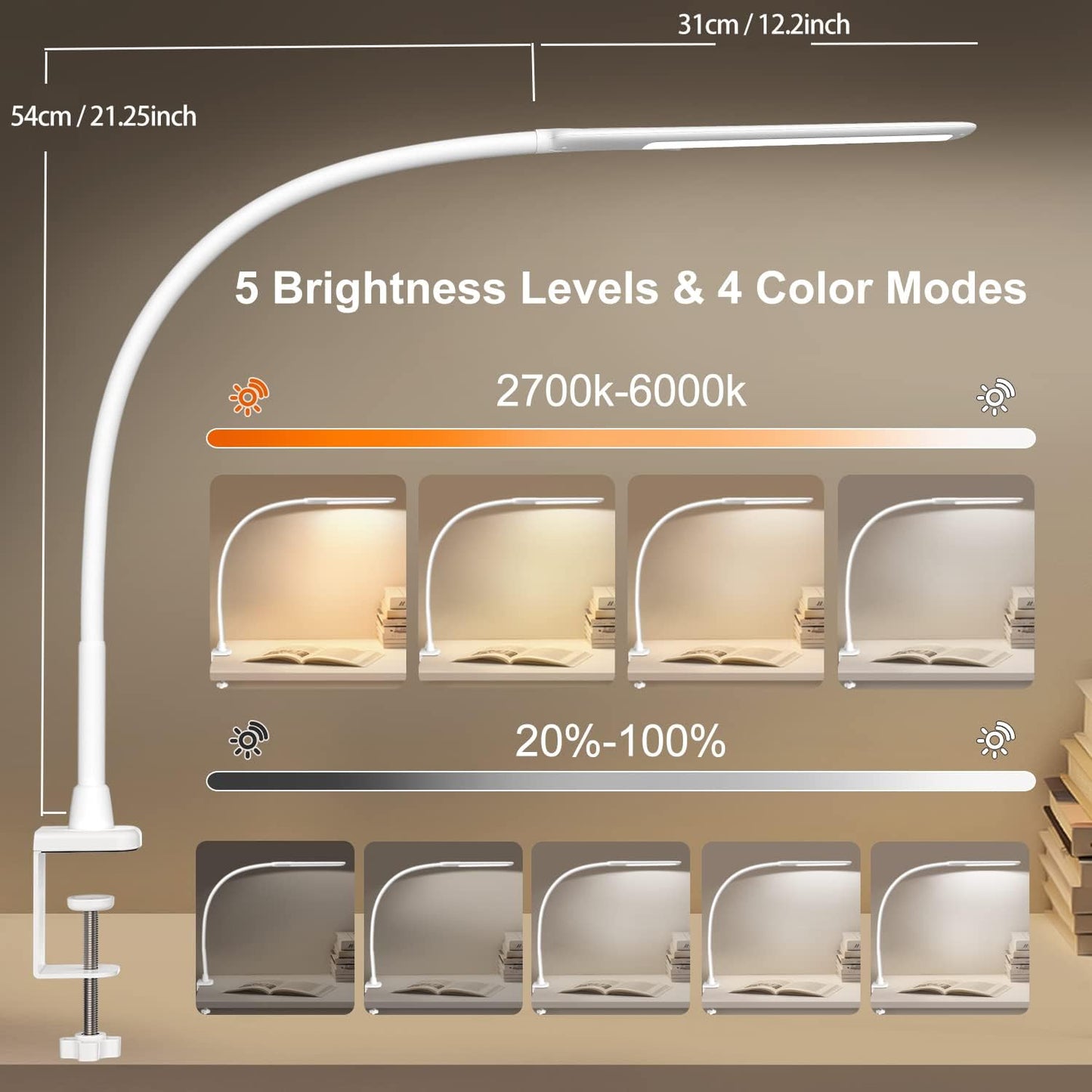 YOUKOYI LED Desk Lamp with Clamp,Flexible Gooseneck Architect Table Lamp - 5 Brightness Levels & 4 Color Modes, Touch