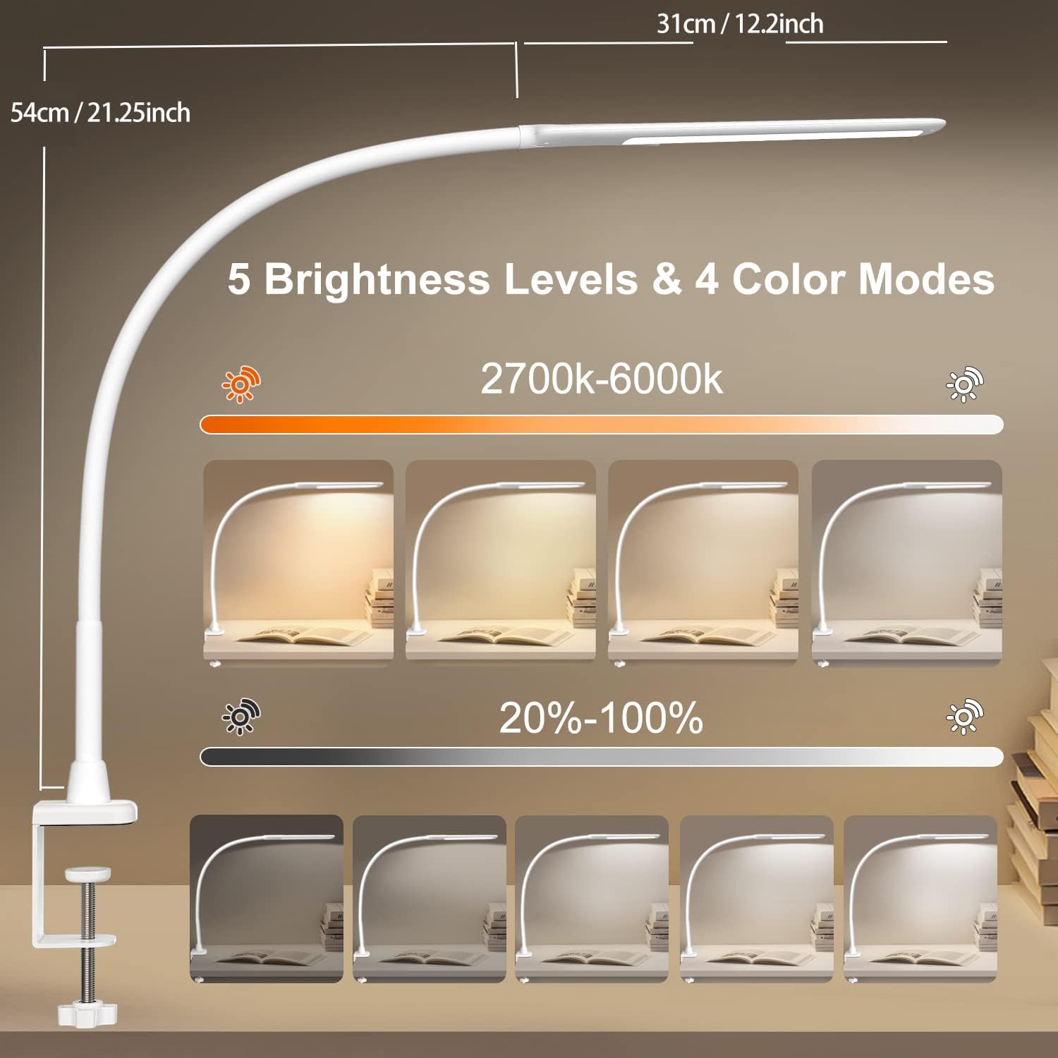 YOUKOYI LED Desk Lamp with Clamp,Flexible Gooseneck Architect Table Lamp - 5 Brightness Levels & 4 Color Modes, Touch