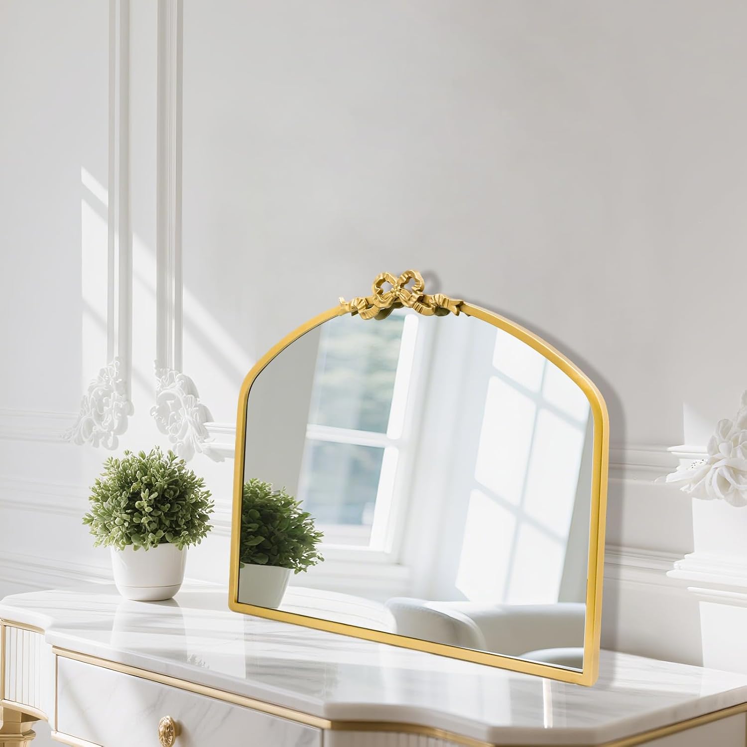 Metal Frame / Vintage Bow Mirror / Arched / 24"L x 28"W / Gold / 24 x 28
