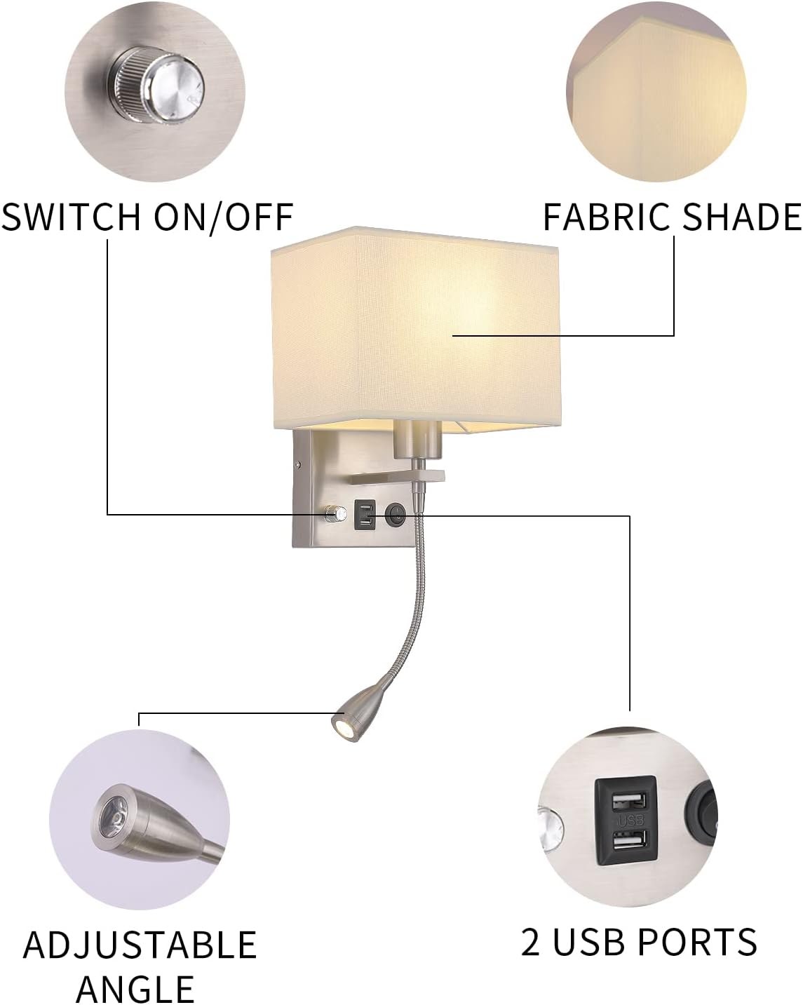 Wall Sconce Plug in Set of 2, Bedside Wall Mount Reading Lights | Bedroom Wall Lighting Fixtures With LED Reading Lamp