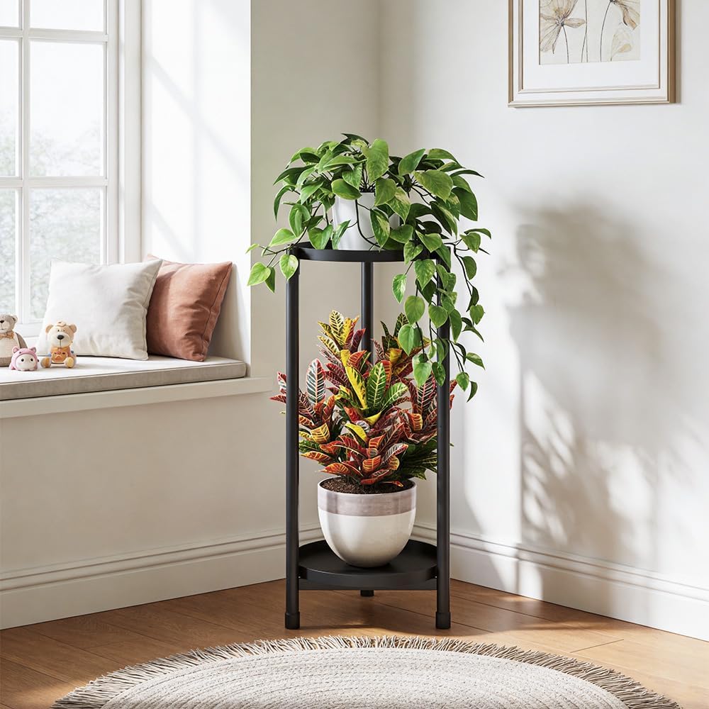 2 Tier Black Plant Stand Indoor Outdoor,30 Inch Tall Metal Flower