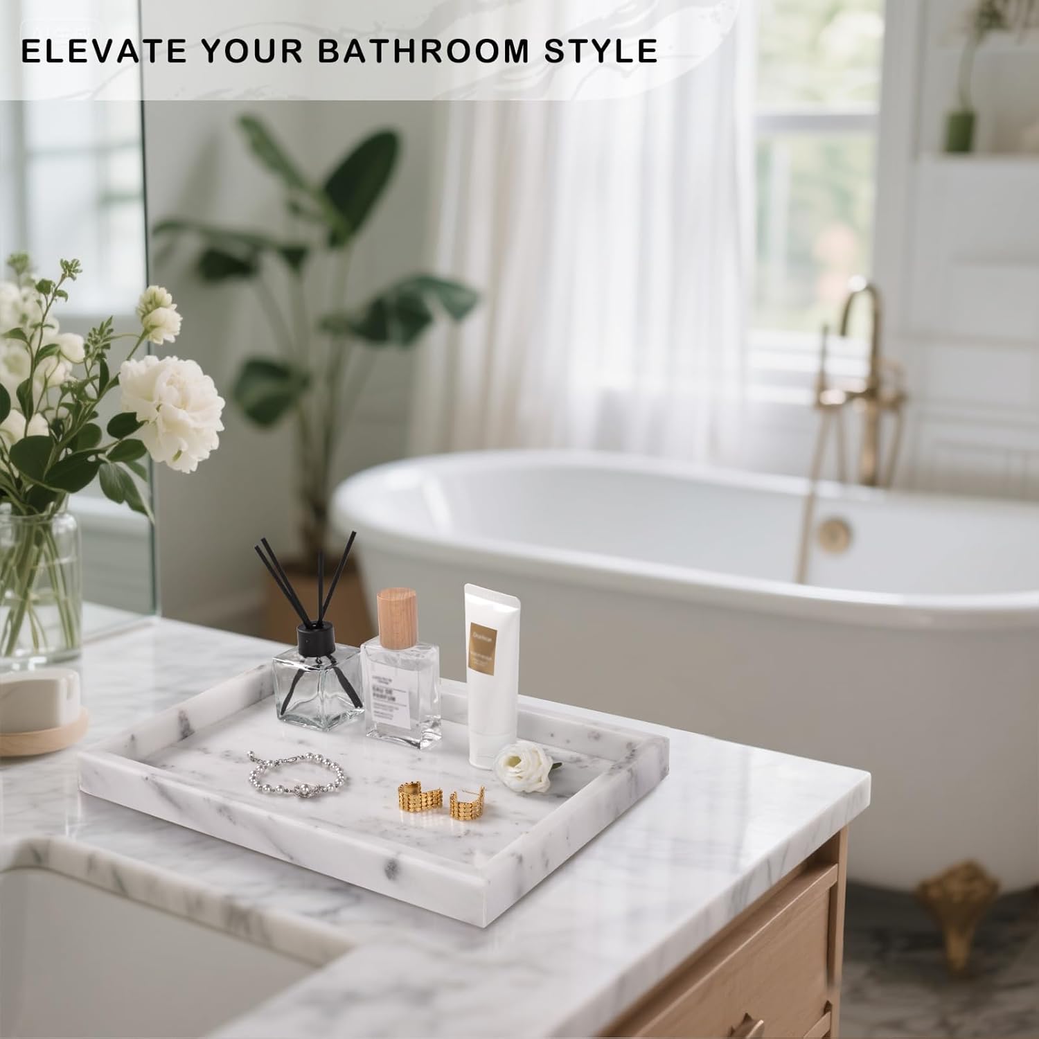 Marble Tray / Bathroom Tray for Countertop / Starry White