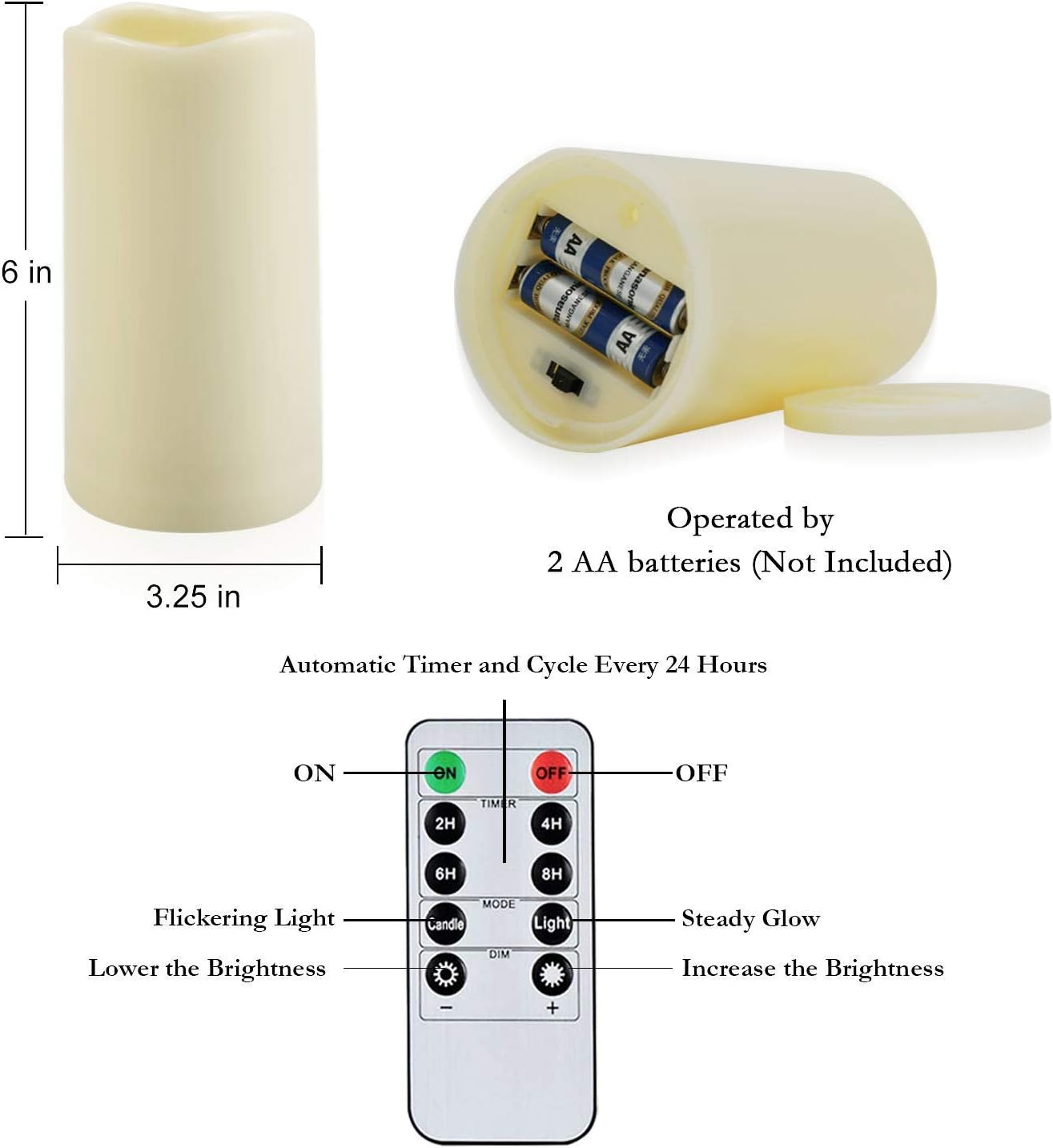 Amagic 3" x 6" Outdoor Waterproof Flameless Candles, Battery Operated Candles with Remote and Timer, Flickering