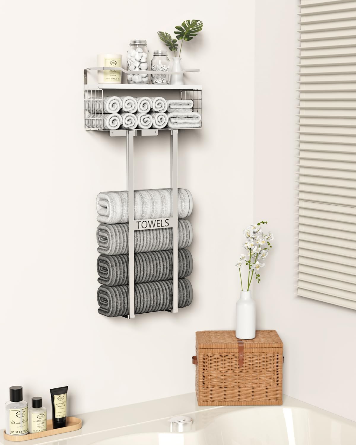 Aetyord Towel Racks for Bathroom - Wall Mounted Metal Rack with Wood Plank, Bathroom Storage Organizer, Towel Holder