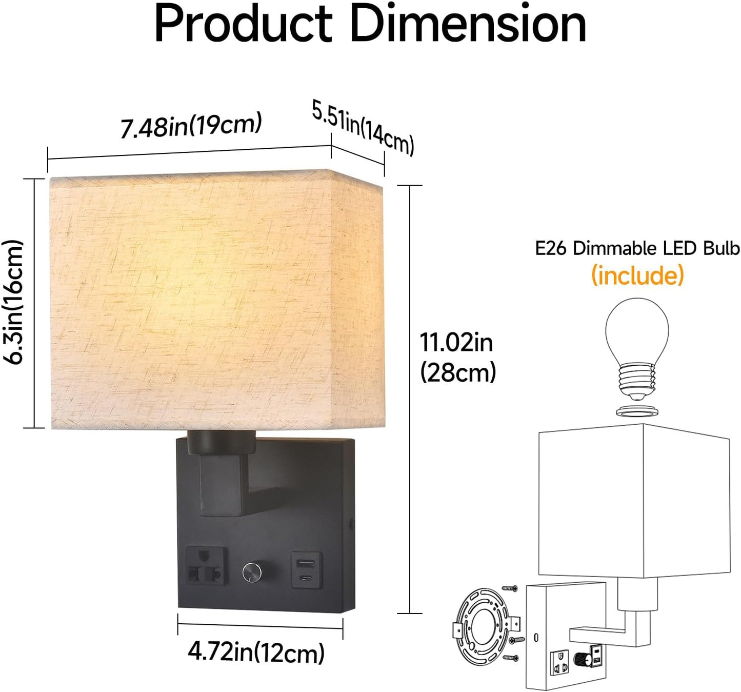 Bedside Wall Lamp for Bedroom, Plug in Wall Sconce - Dimmable Switch with AC Outlet & USB Charging Port, Fabric Shade