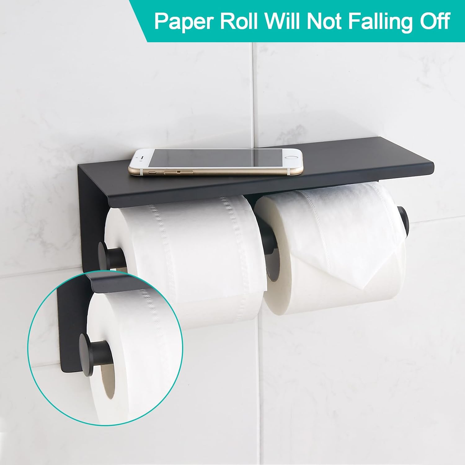 BGL Toilet Paper Holder with Shelf Matte Black, 304 Stainless Steel Wall Mount Toilet Tissue Roll Holder with Double