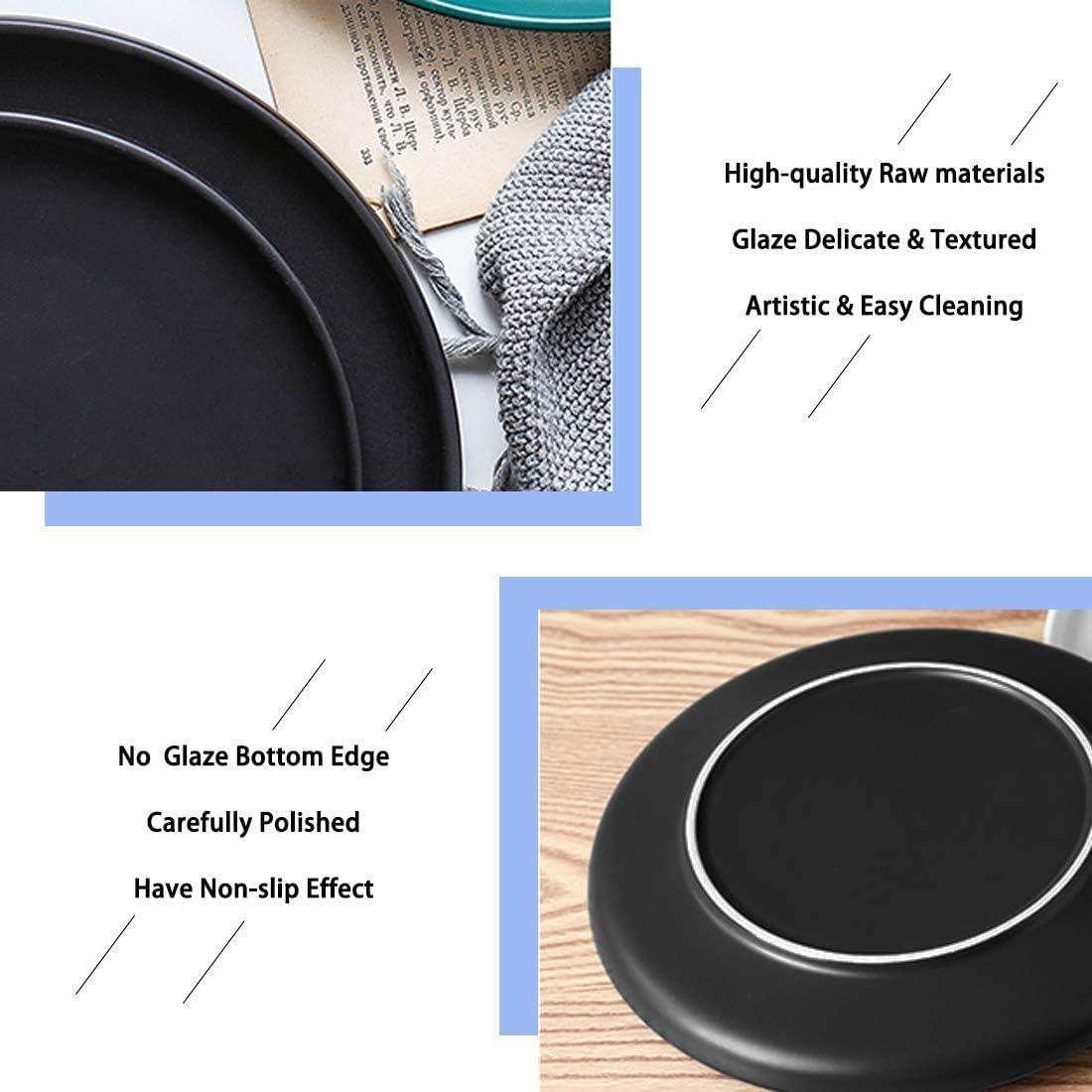 Matte Black Porcelain Dinner Plate, 10-Inch Large Elegant Round Serving Plate Set Perfect for Steak, Pasta, Dessert and