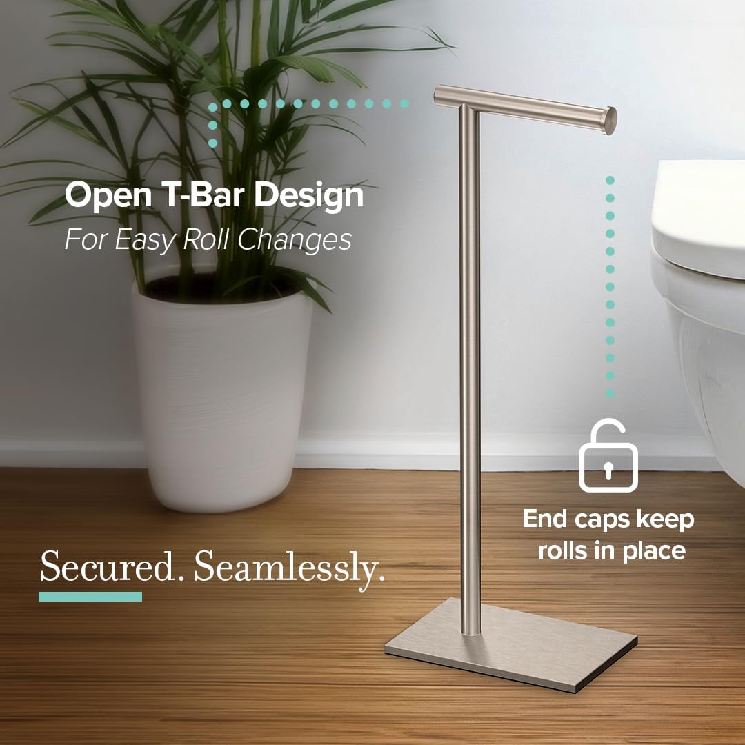 Gatco 1431SN Bathroom Toilet Paper Holder Stand, Freestanding Tissue Roll Holder, Weighted Base, Satin Nickel, 22.25