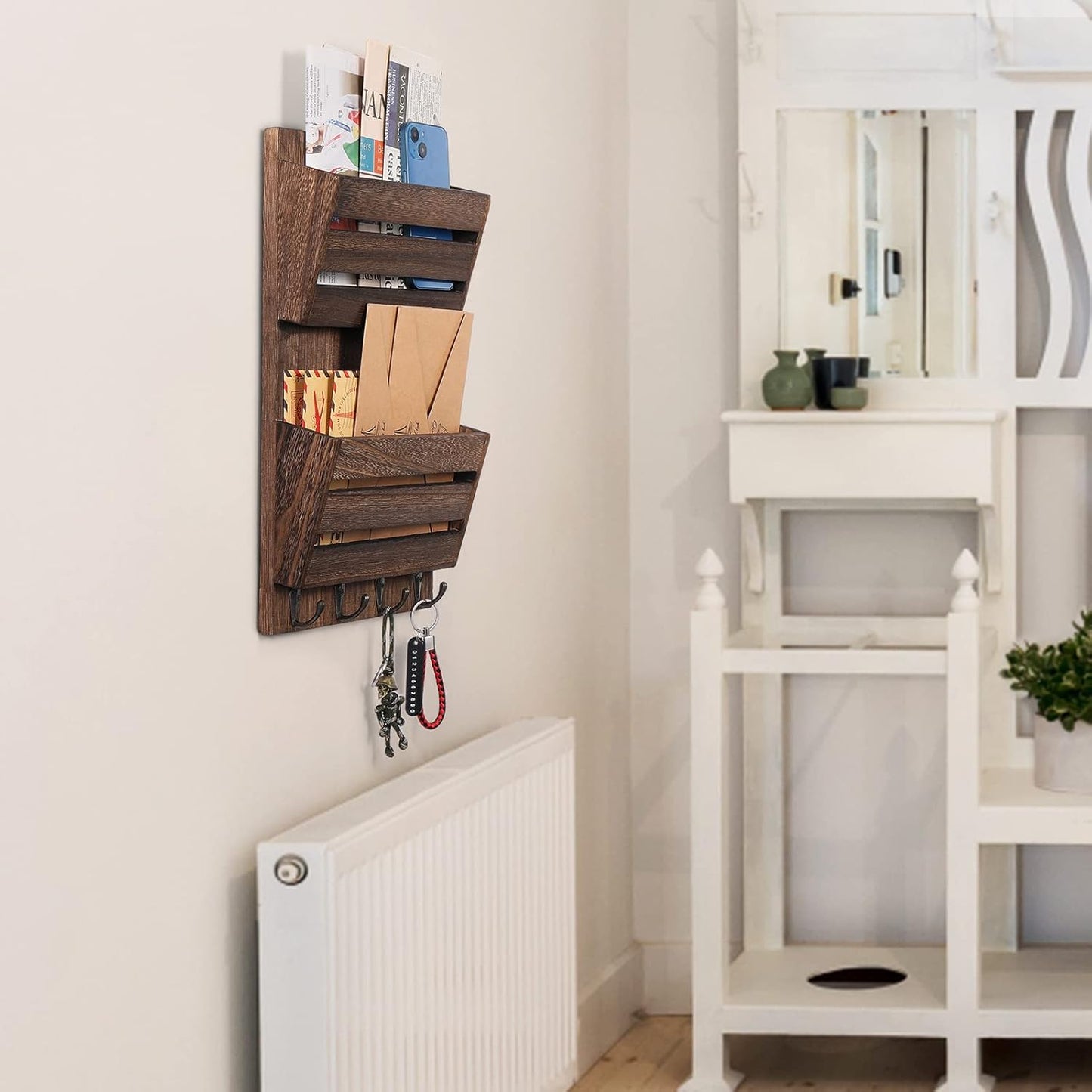 2-Slot Wood Mail and Key Holder / Rustic Brown