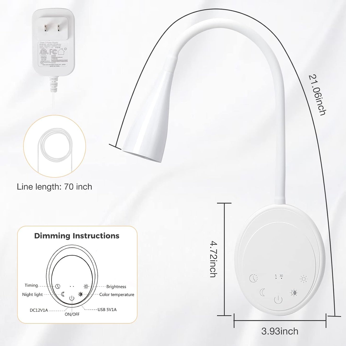 SANKEDOU LED Wall Mounted Reading Light, Book Light for Reading in Bed with Touch Control, 5 Dimmable, USB Output