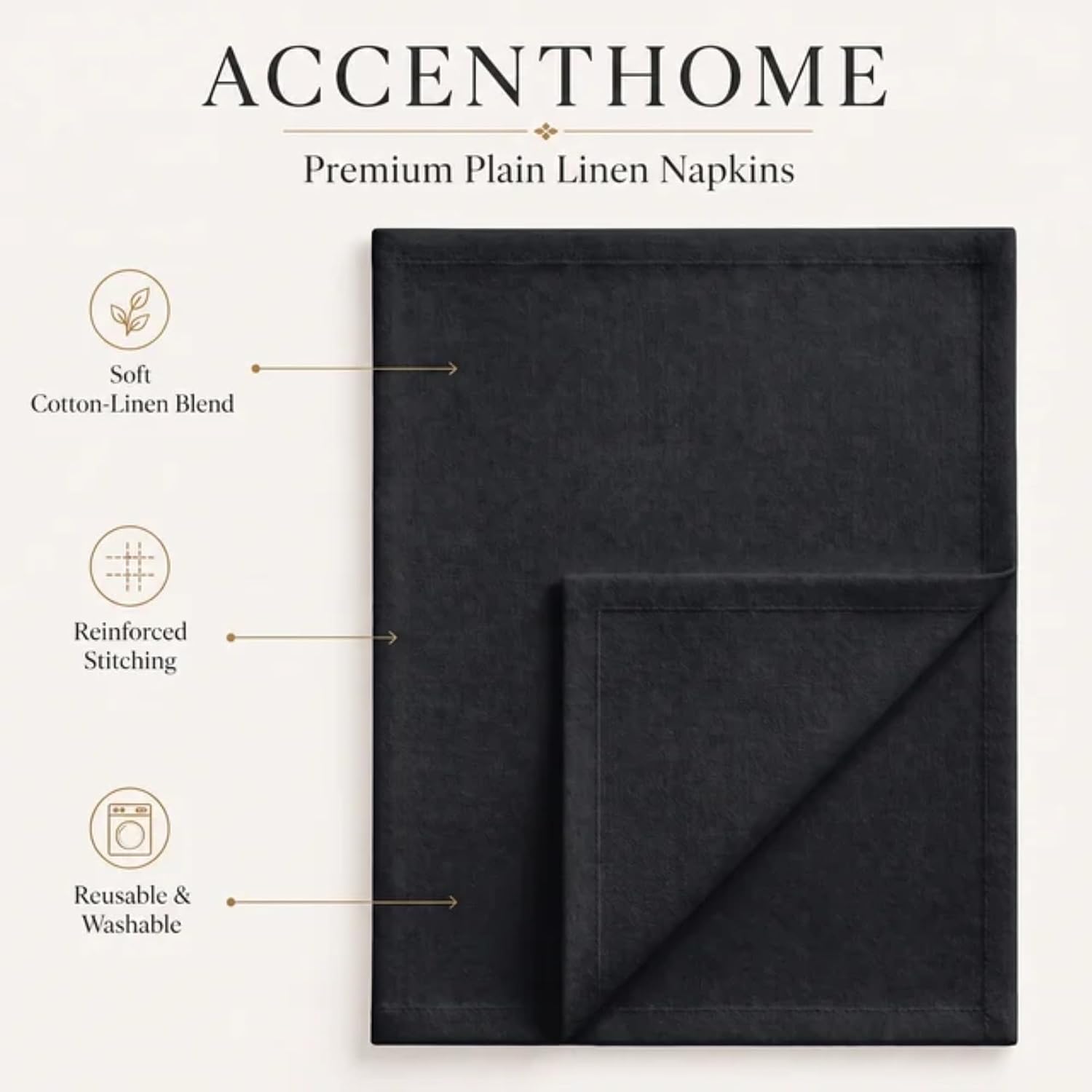 ACCENTHOME Black Cotton Linen Napkin Set of 12 18x18 inch Dinner Napkins | Cotton Linen Blend Napkins, Machine Wash On