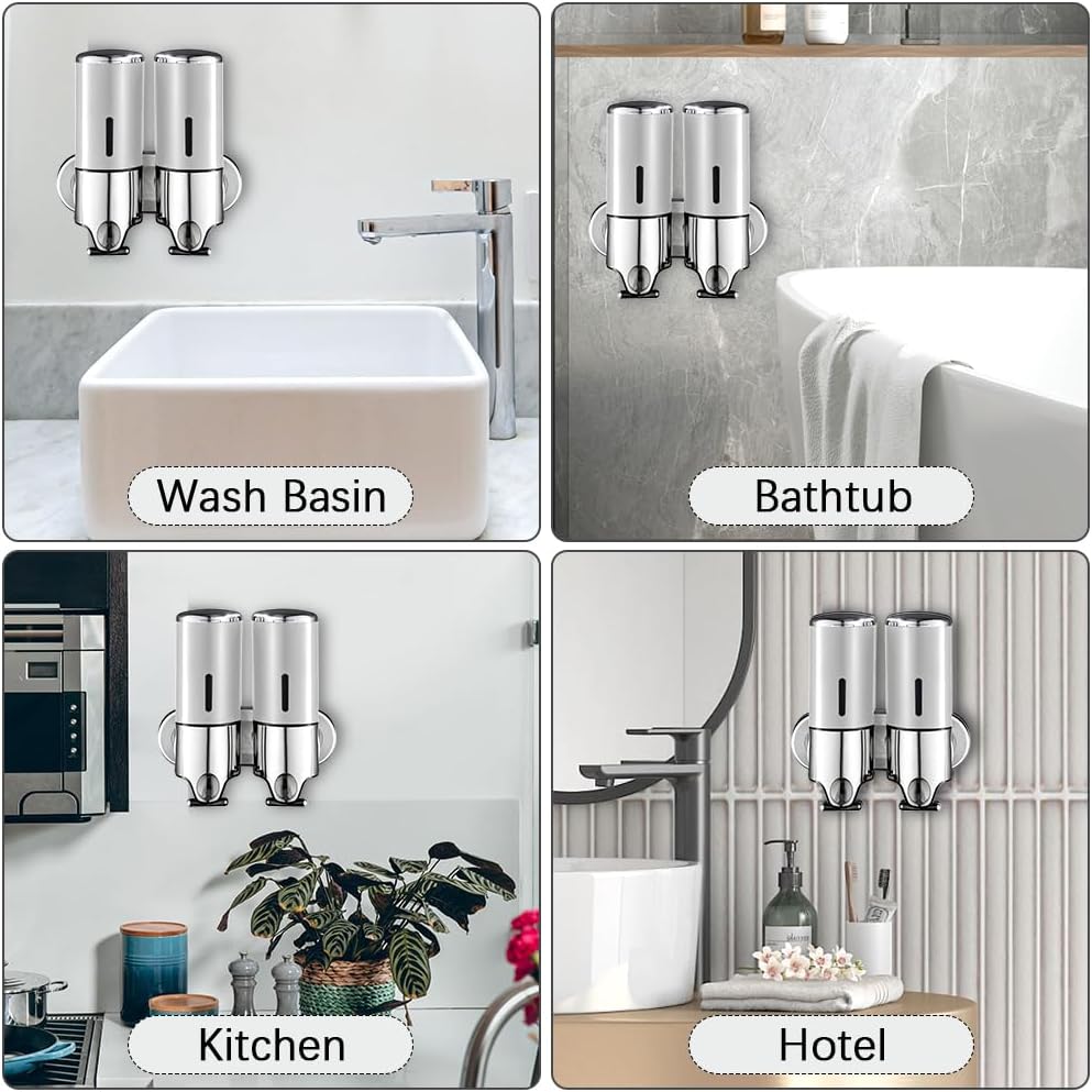 2 in 1 Chamber Wall Mounted Shampoo and Conditioner Dispenser (Silver) | No Drill Shower Soap Dispenser for Bathroom &