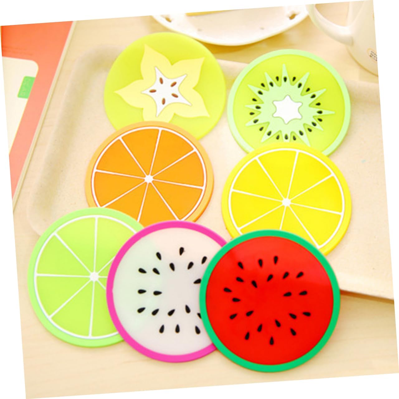 Silicone Fruit Coasters Non-Slip Heat Resistant Round Cup Mats / Set of 7