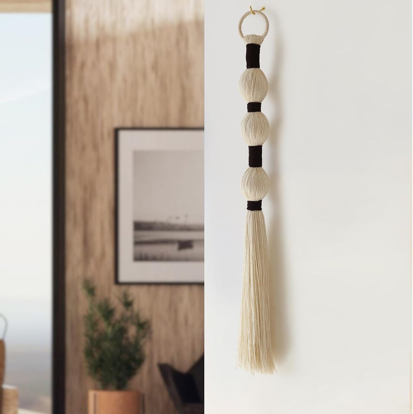 Macrame Wall Hanging Boho Wall Decor Small Sphericity Cotton Textile Tassel / Ivory and Black