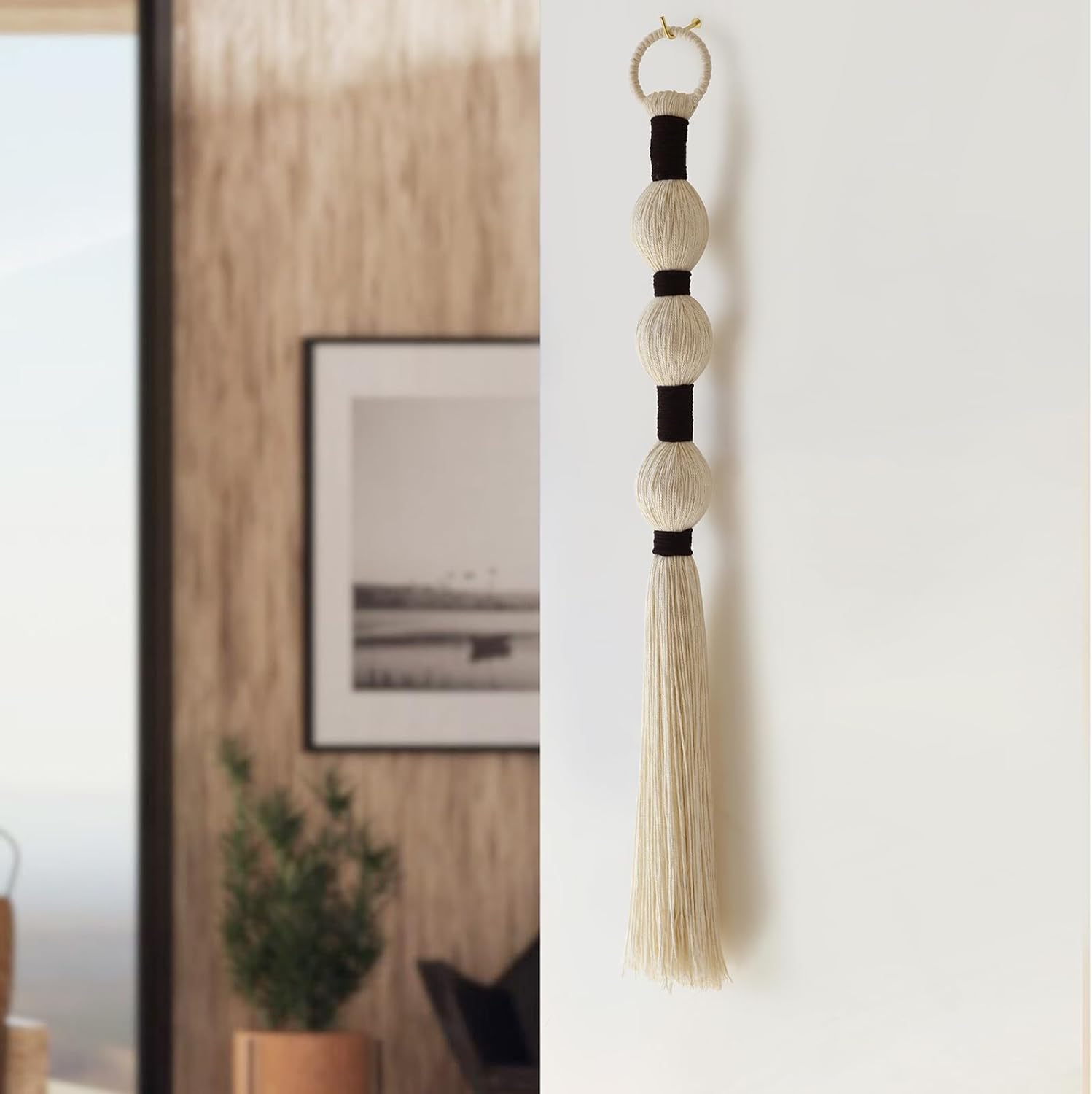 Macrame Wall Hanging Boho Wall Decor Small Sphericity Cotton Textile Tassel / Ivory and Black