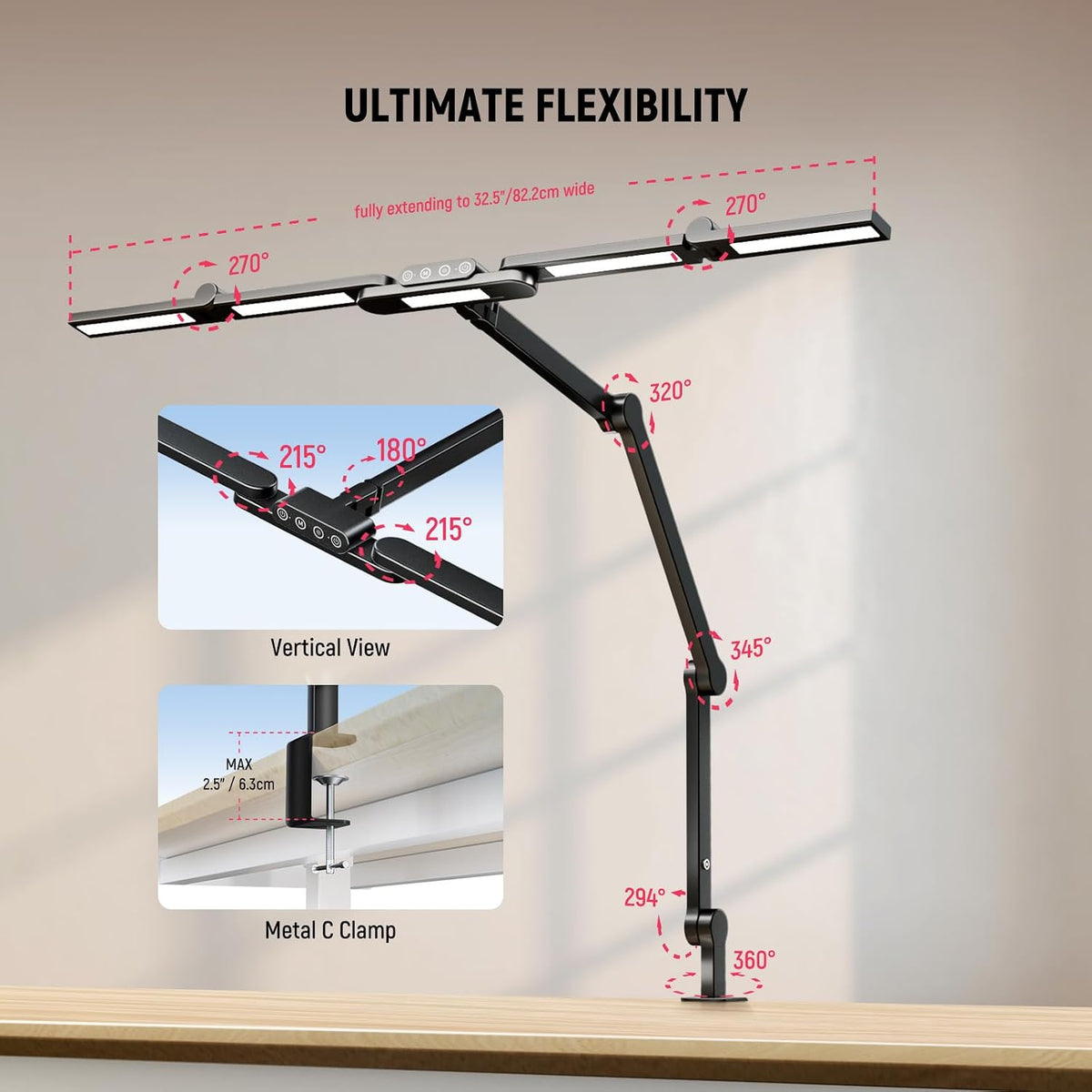 NEEWER Basics 32.5" Clip On Desktop LED Light for Home Office, 23W LED Dimmable Architect Lamp with Table Desk Clamp, 5
