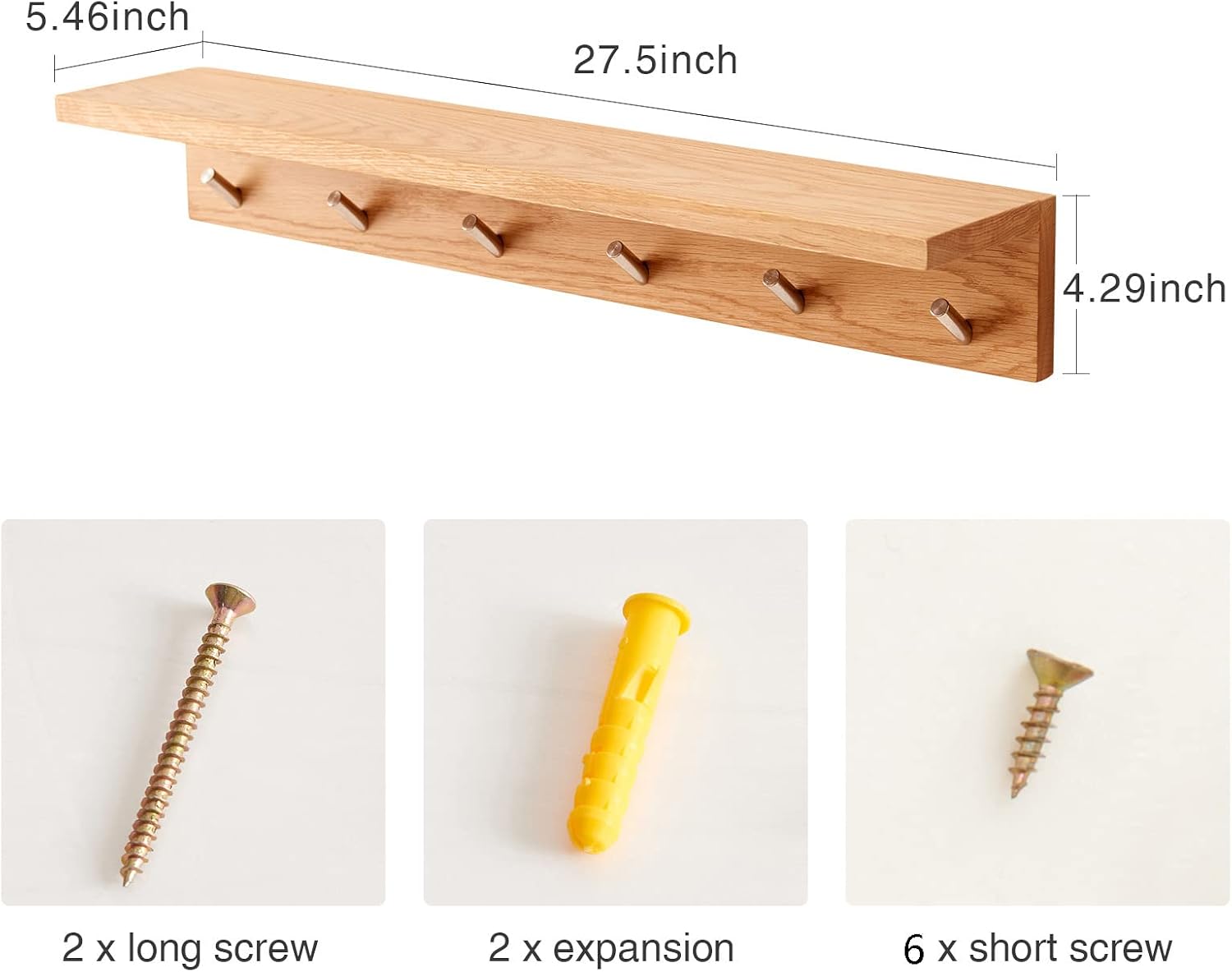 Coat Rack Shelf Wall Mounted Oak Wood Entryway Shelf with 6 Hooks Wall Coat Hook Rack with Floating Shelf for Bedroom