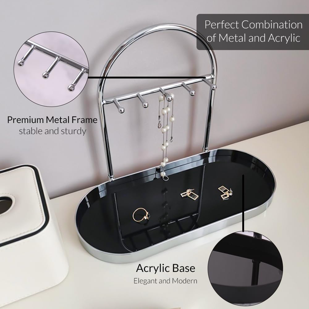 Metal Jewelry Organizer Stand & Key Holder Tray / Silver Black