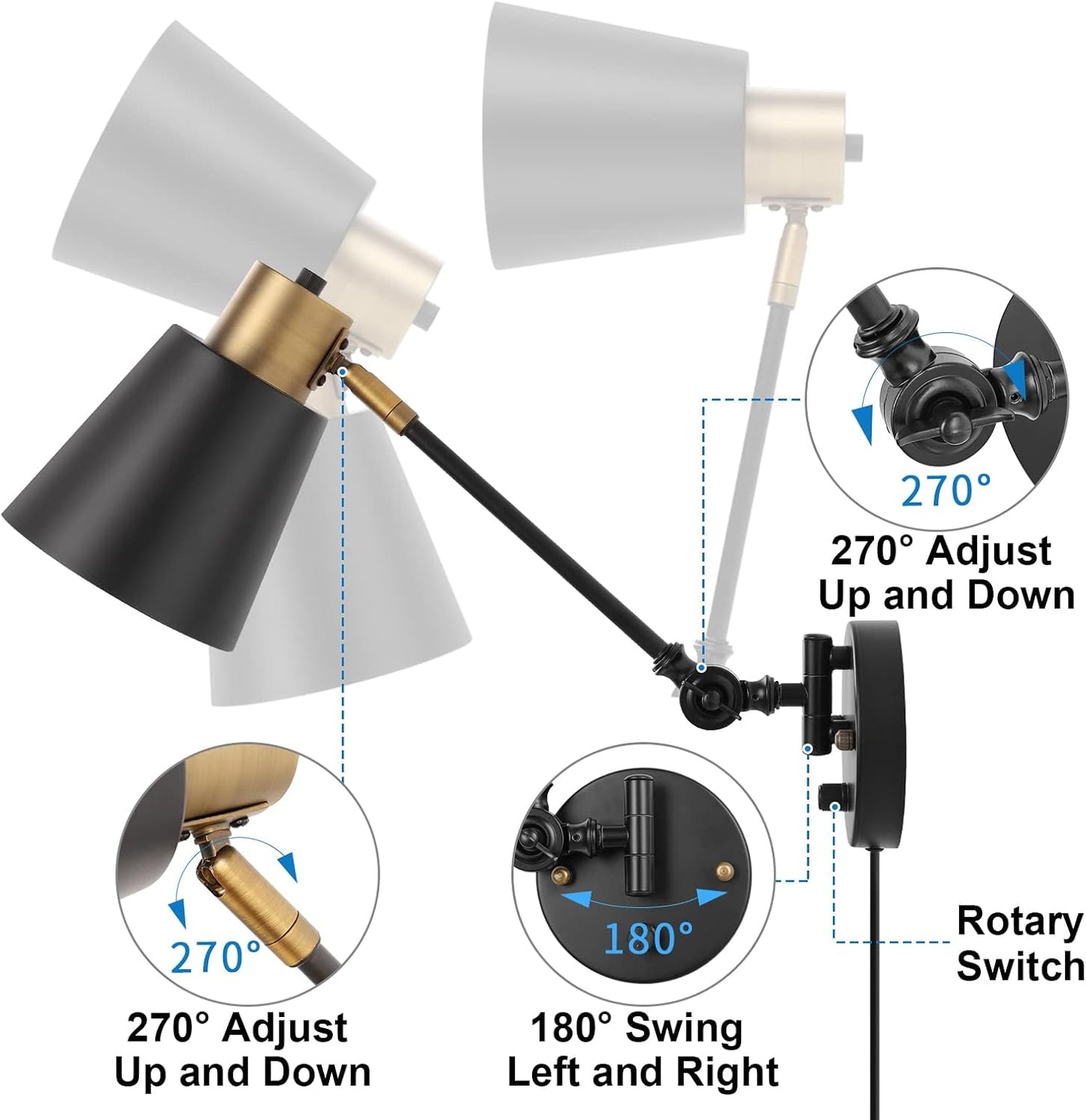 GOODATE Dimmable Wall Lamp with Plug in Cord, Plug in Wall Sconces, Swing Arm Wall Light with On Off Switch, Metal