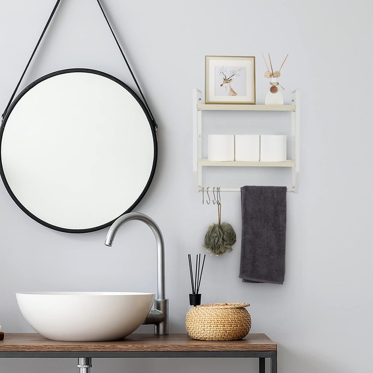 OYEAL Bathroom Shelf with Towel Bar Wall Mounted | Towel RaRustic Towel Shelf for Bathroom with 5 Hooks, 2 Tier Shelf