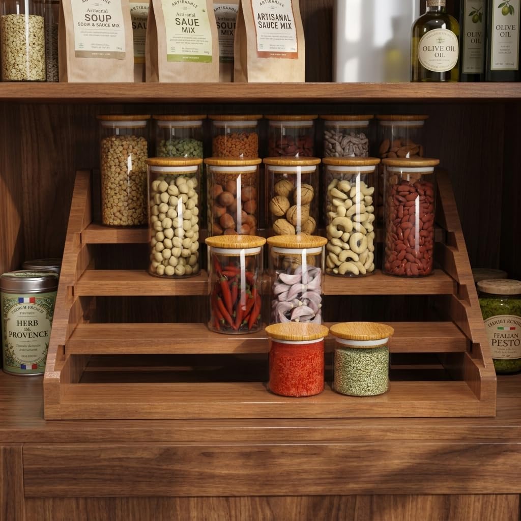 Solid Wood Spice Rack Organizer for Countertop & Cabinet, 4 Tier Adjustable Wooden Spice Shelf with Sliding Track