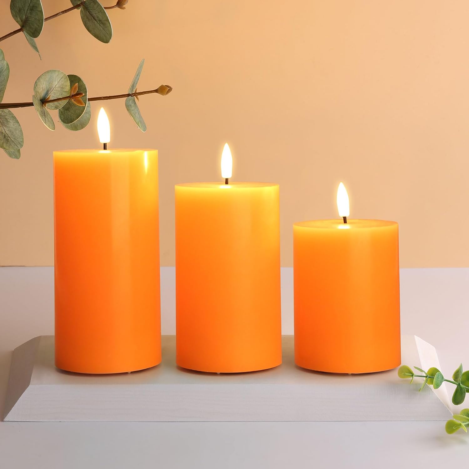 Orange Halloween Fall Flameless Pillar Candles with Remote Set of 3 | Flickering LED Wax Candles, Flat Top, 2 AA