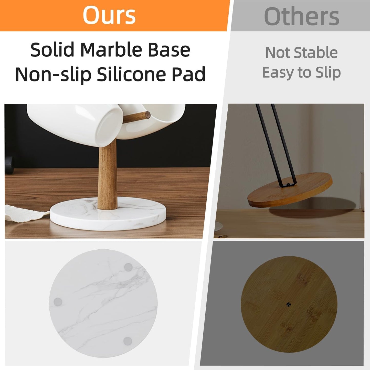 Buruis Acacia Wood Mug Holder with Marble Base, 6 Hook Mug Tree, White | Coffee Mug Rack for Countertop, Space-Saving