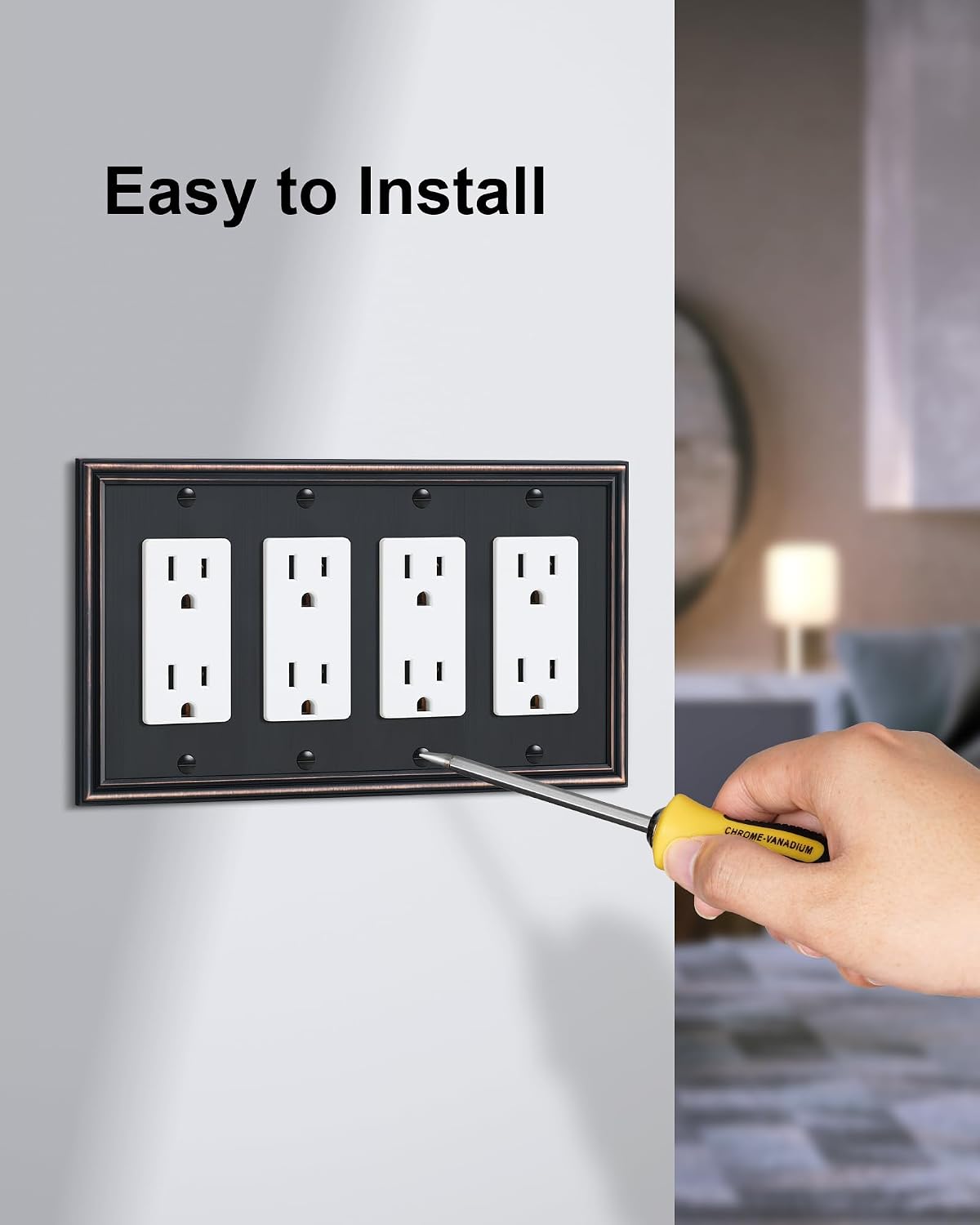 2-Pack Zinc Alloy Quad Decorator Outlet Cover Plate, Solid Wall Plates | Decorative Switch Plates and Outlet Covers, 4