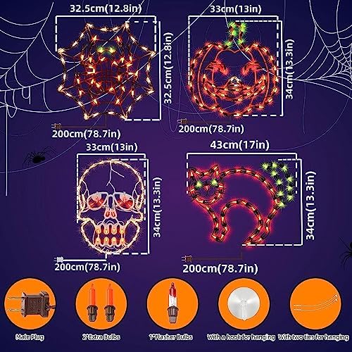 LAMPHOME Halloween Decorations - Window Silhouette Holiday Displays, Lighted Jack-O-Lantern, Cobweb, Skull, Cat for Party, Home, Indoor, Tabletop Ornaments (4-Pack)