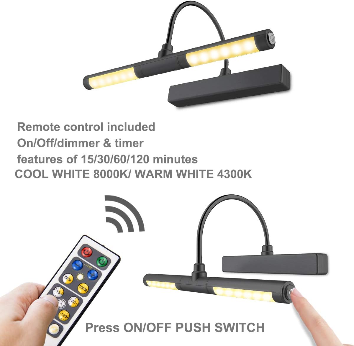 LUXSWAY Wireless Picture Light Battery Operated, Remote Control Painting Light with Rotatable Head, Dimmable and Timer