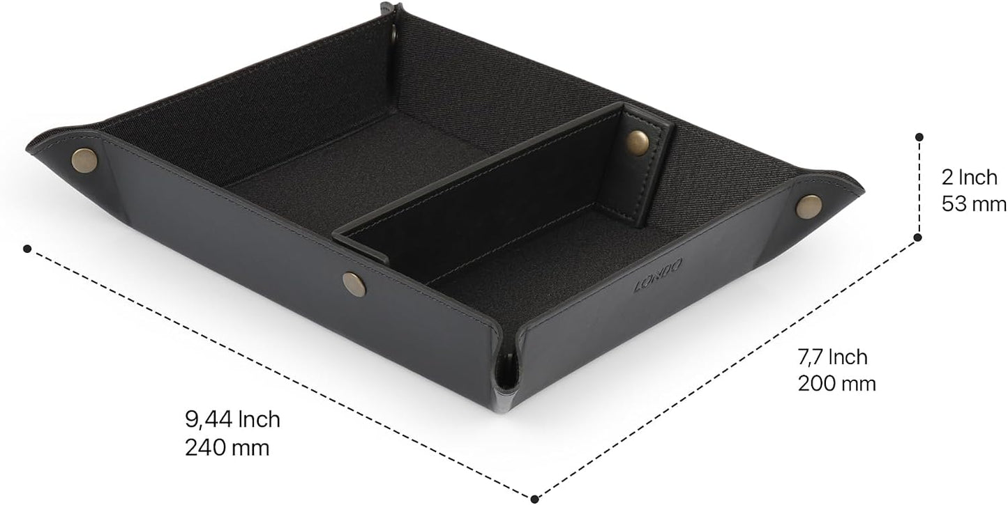 Londo PU Vegan Leather Valet Tray for Men — Brown Exterior with Black Interior Lining, Catchall EDC Organizer for Keys