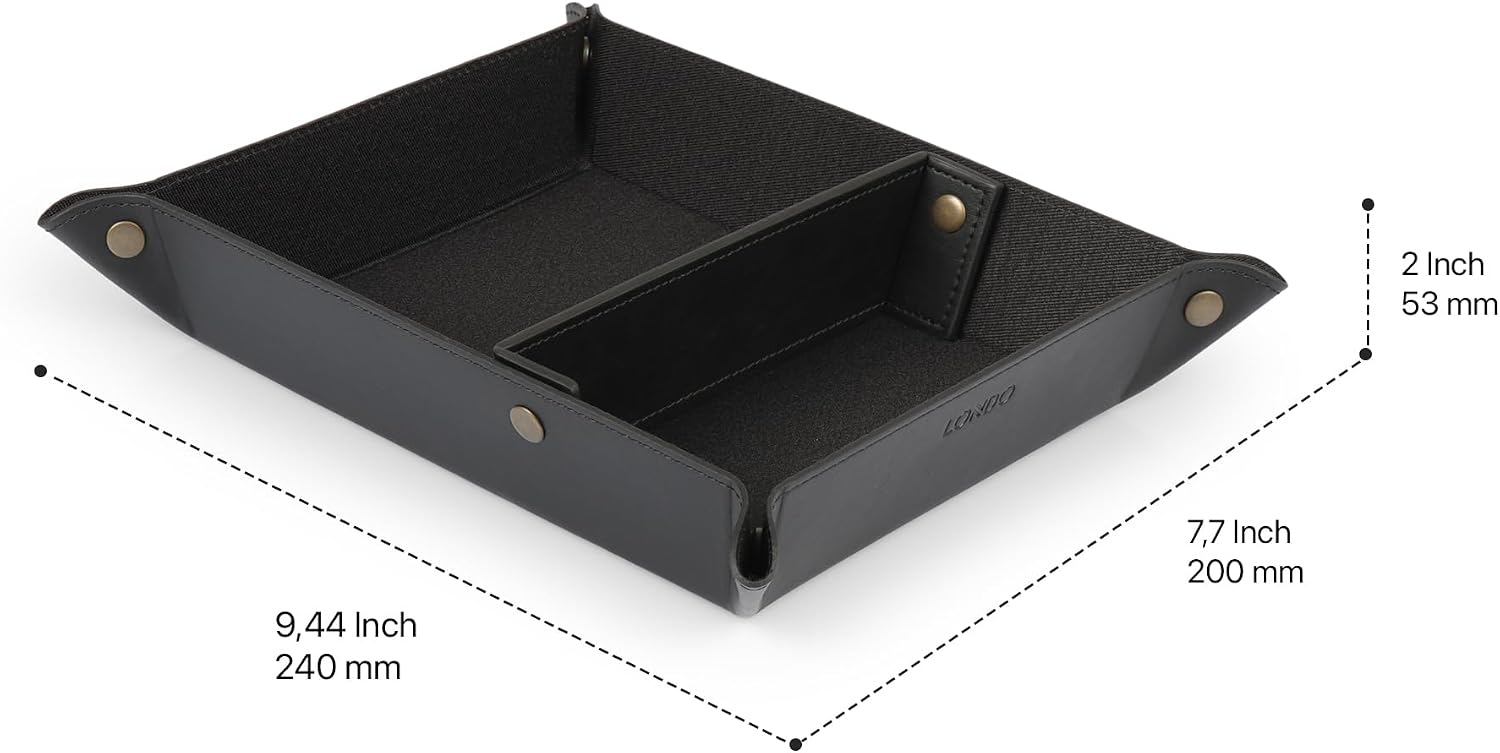 Londo PU Vegan Leather Valet Tray for Men — Brown Exterior with Black Interior Lining, Catchall EDC Organizer for Keys