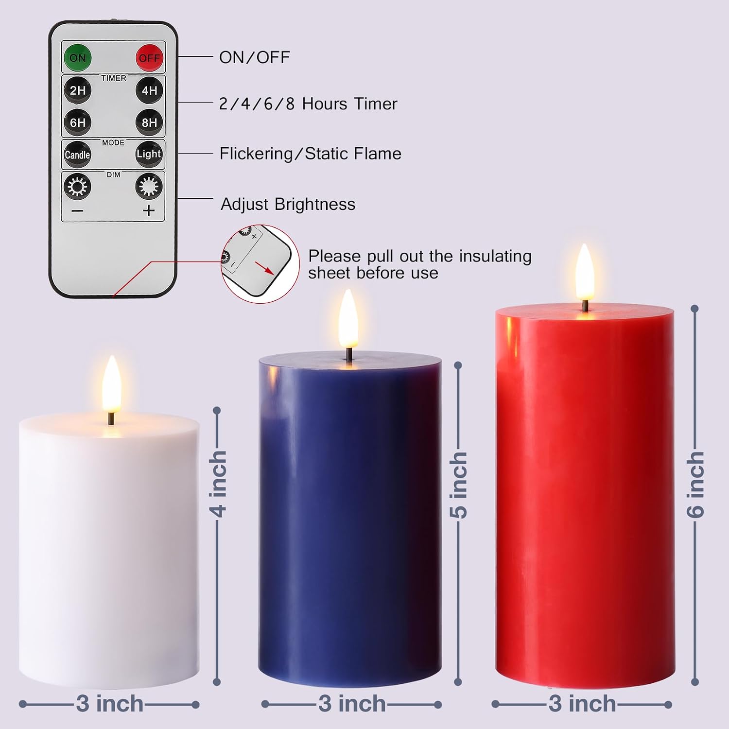Red White Blue Patriotic Flameless Pillar Candles with Remote Set of 3 | Flickering LED Wax Candles, Flat Top, 2 AA