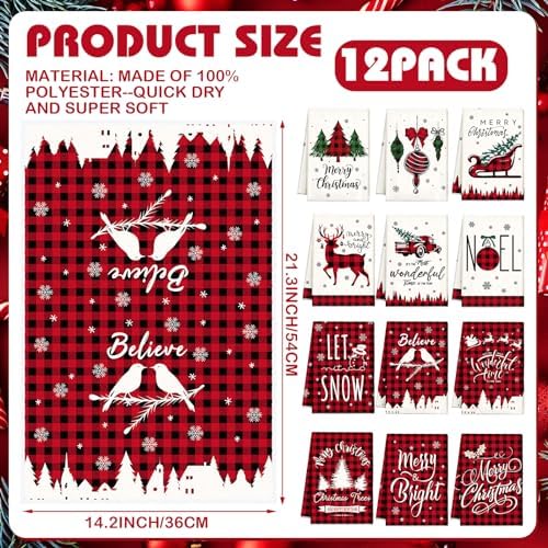 VitalCozy 12 Pcs Buffalo Plaid Christmas Kitchen Towels, 14.2 x 21.3 in