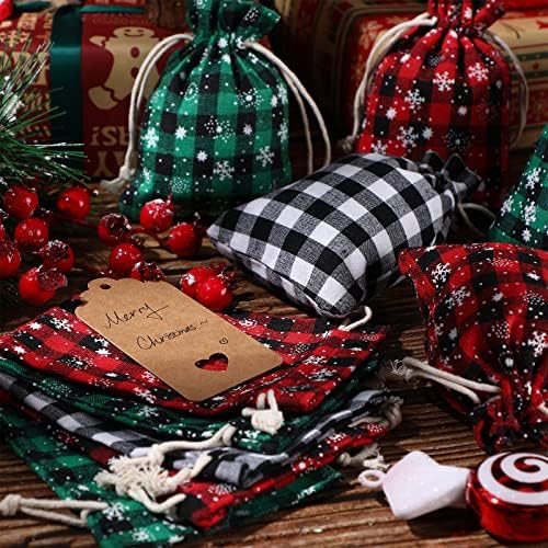 Shappy 24 Pcs Christmas Drawstring Gift Bags Xmas Buffalo Plaid Burlap Advent Bags 5.5 x 4 Inches Linen Treat Candy Bag with 32.8 ft Rope 24 Card(Mixed Colors)
