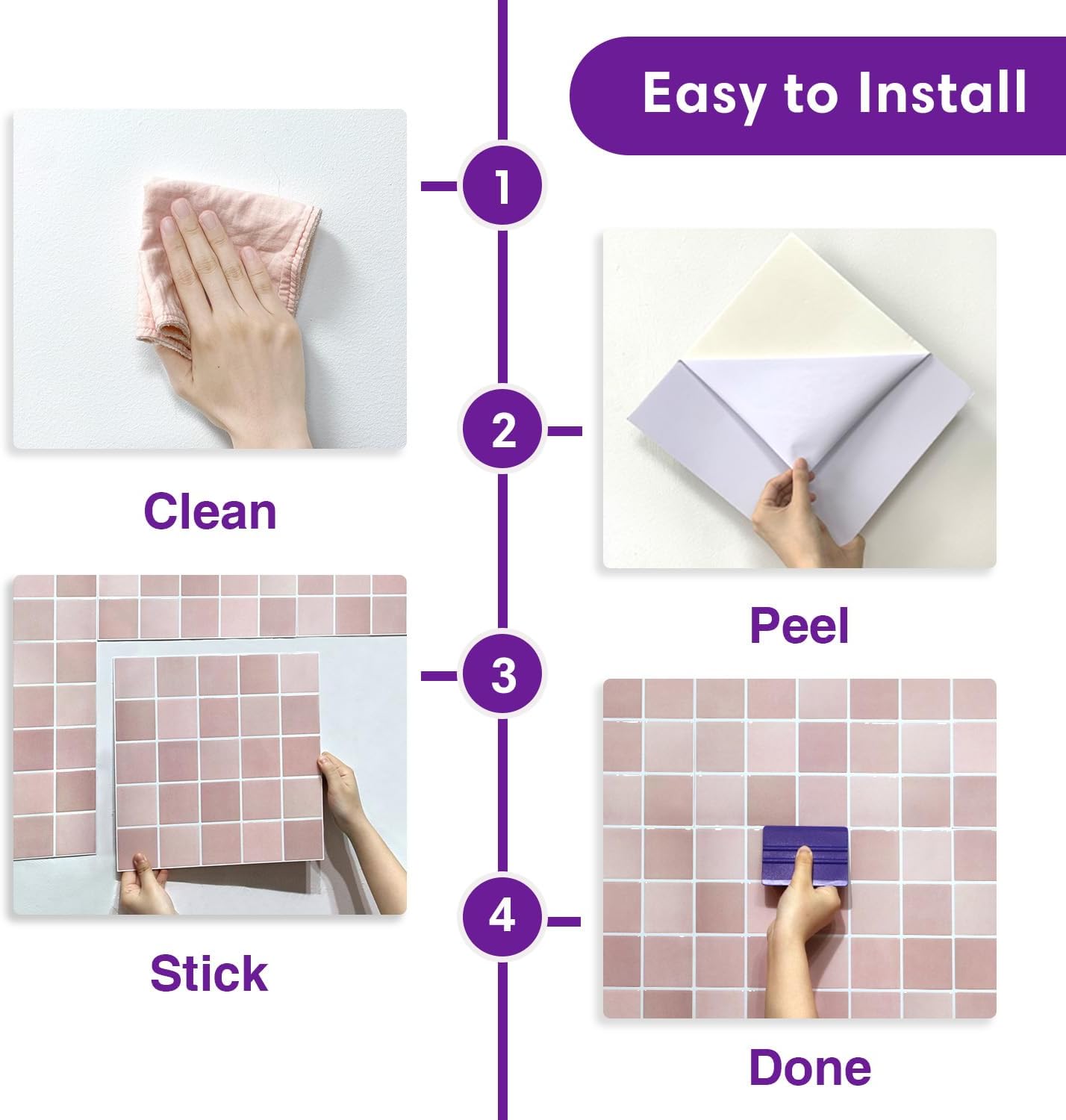 3D Adhesive Glossy Square Panels Stick / ST-SM-C / Pink / 12 x 12 / Set of 10