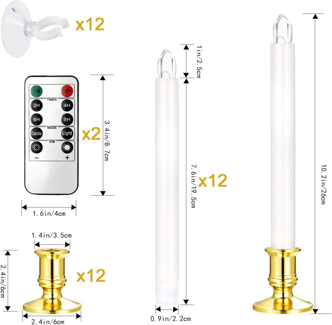 YAUNGEL Christmas Window Candles, 12 Pack Battery Operated Flameless Taper Candles for Windows with Timer Remote