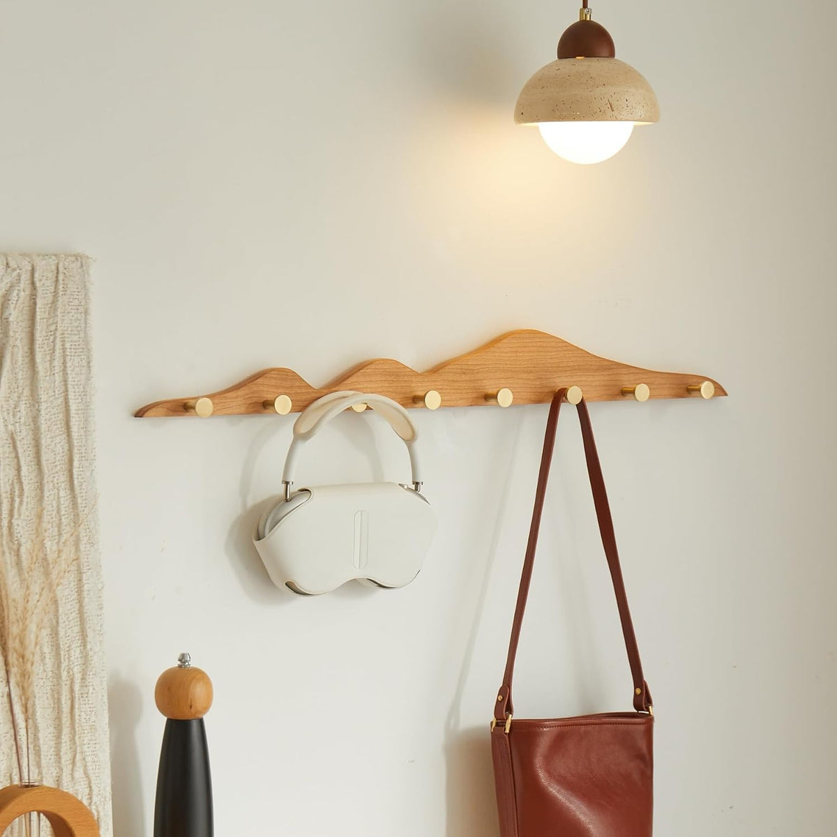 Wall Coat Rack, Cherry Wood, 8 Hooks | Elegant, Solid Coat Hanger, Wall Mount with Brass Hooks, Moisture-Resistant Wax