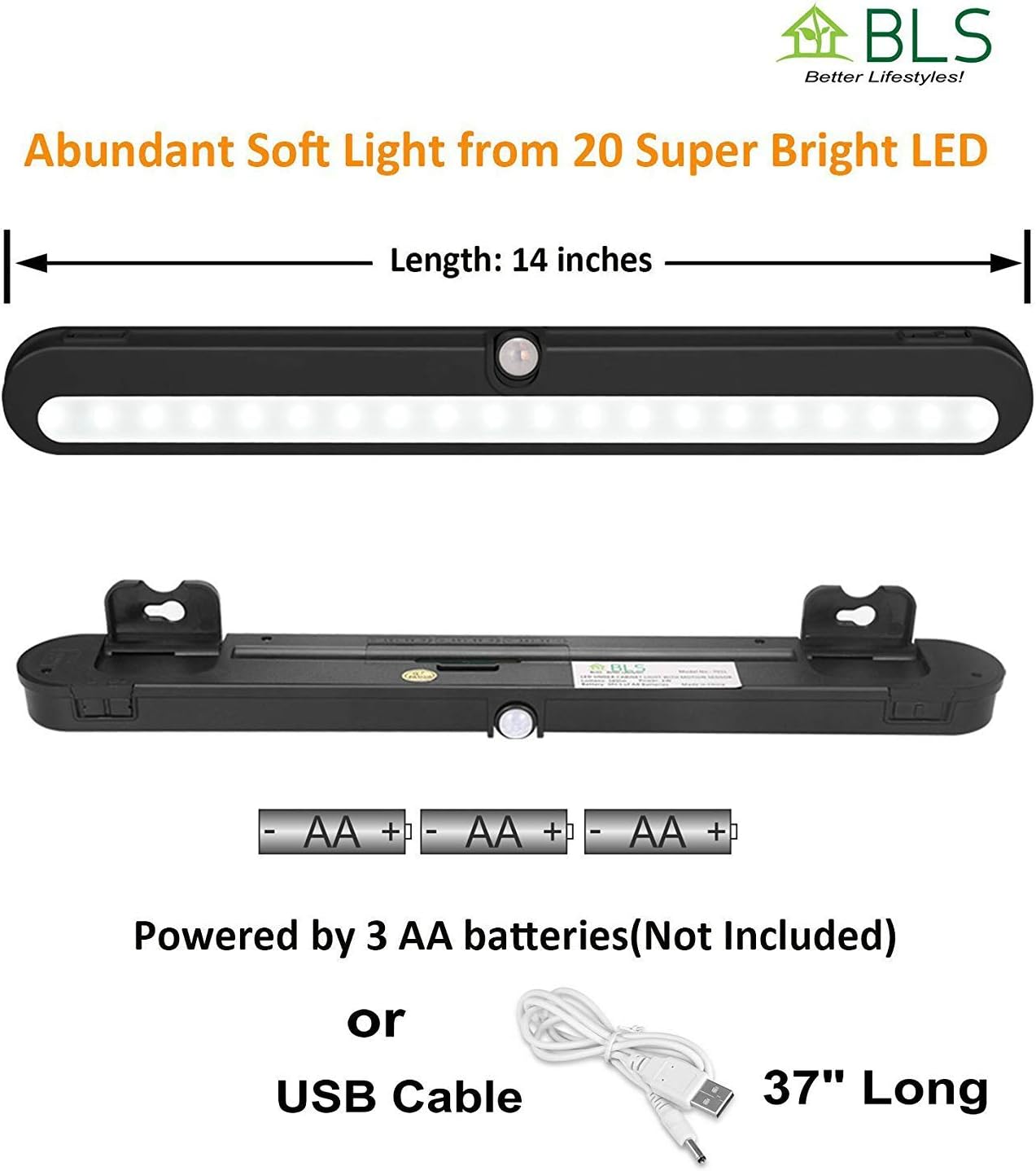 BLS T01LB LED Closet Light Super Bright 20 LED Under Cabinet Lighting Battery Powered/DC Input Wireless Motion Sensing