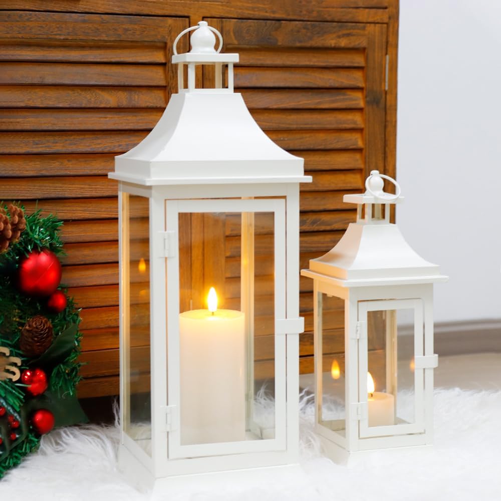 JHY DESIGN Set of 2 19.5''&13''Tall Vintage Candle Lanterns Outdoor Hanging Tower Lantern Metal Candle Holder for