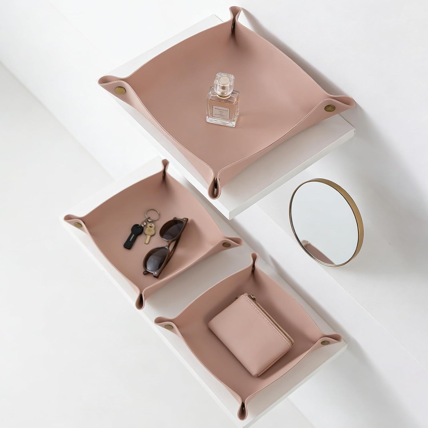 3 packs PU Leather Tray in 3 Sizes Jewelry Tray Glossy Leather Desk Organizer Leather / Morandi Pink