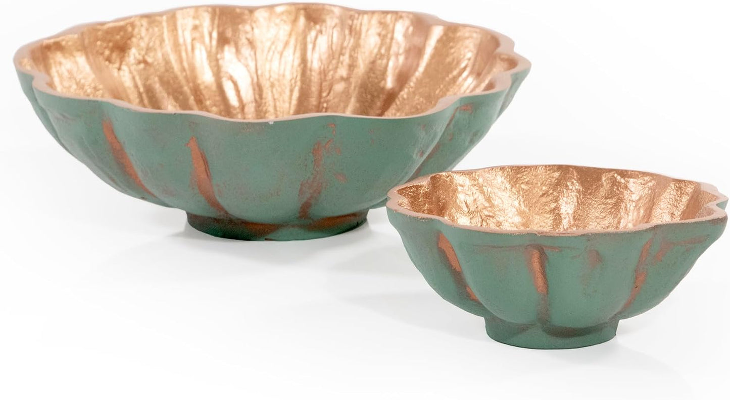 Decorative Metal Turquoise Copper Finish Round Bowls / Set of 2