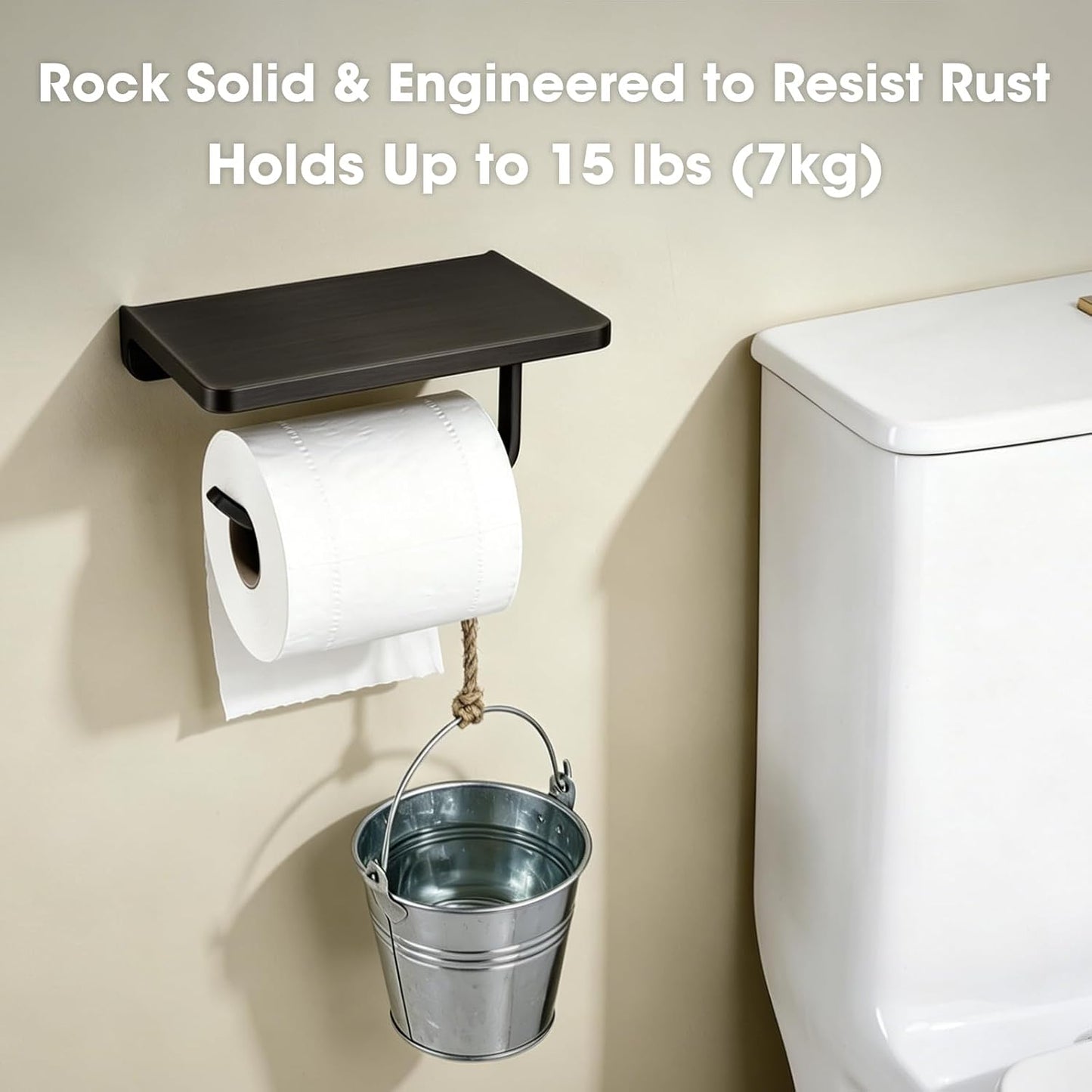 TRUSTMI Toilet Paper Holder with Shelf & Phone Stand, Oil Rubbed Bronze | Solid zinc alloy holder holds 15 lbs and fits