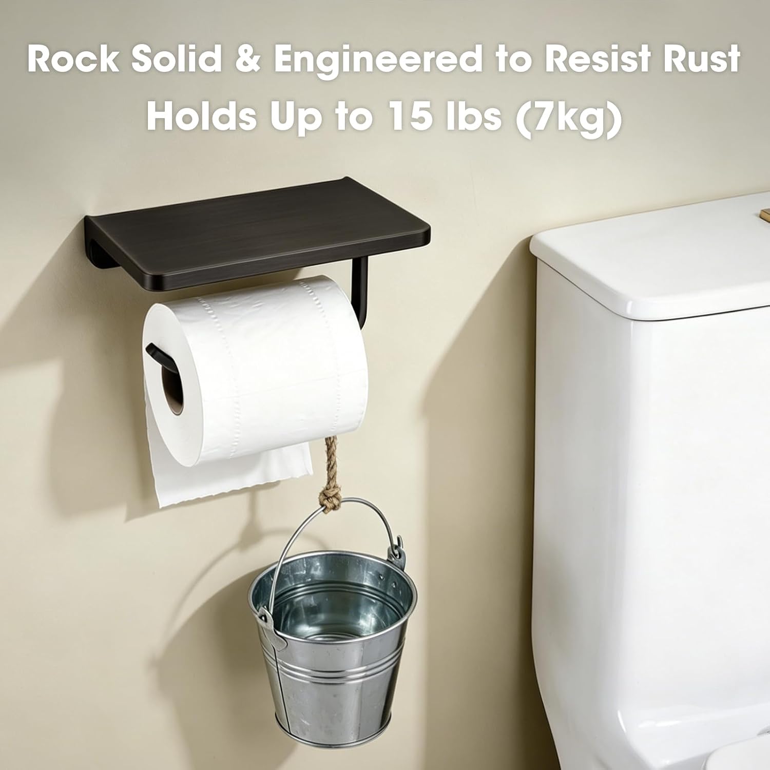 TRUSTMI Toilet Paper Holder with Shelf & Phone Stand, Oil Rubbed Bronze | Solid zinc alloy holder holds 15 lbs and fits