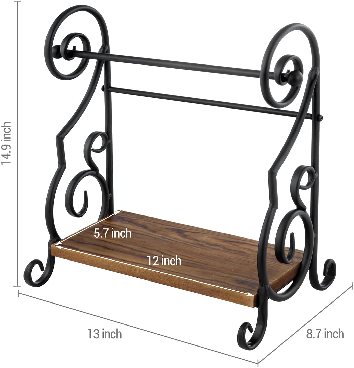 MyGift Black Paper Towel Holder with Rustic Wood Shelf, Countertop Stand | Integrated upper shelf stores spices, oils