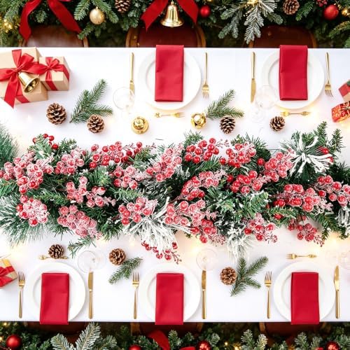 24 Pack Red Berry Stems,Artificial Burgundy Glitter Red Berries,7.5 Inch Christmas Berries Picks for DIY Crafts Christmas Tree Christmas Wreath Home Wedding Home Party Decoration (Snow Red)