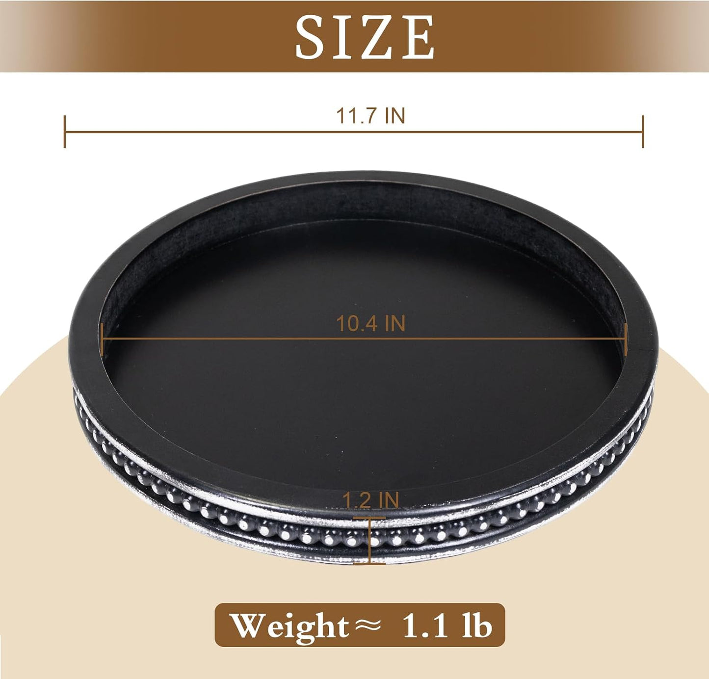 White Farmhouse Bead Round Trays / 11.8 / Washed Black-beaded