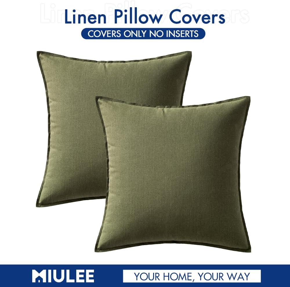 Decorative Linen Pillow Covers Boho Farmhouse Modern Soft Spring / 18 x 18 / Olive Green / Set of 2