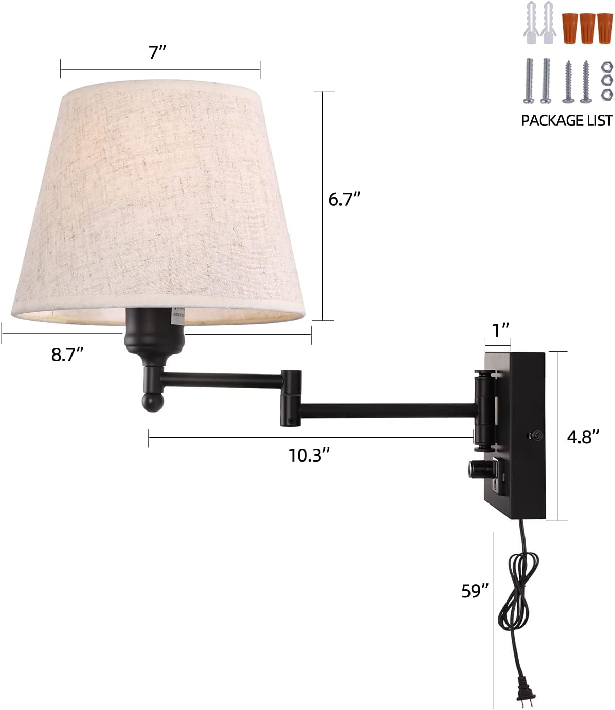Bedside Wall Mount Light with Dimmable Switch and Outlet, Swing Arm Fabric Shade Wall Sconce Light with USB Port and