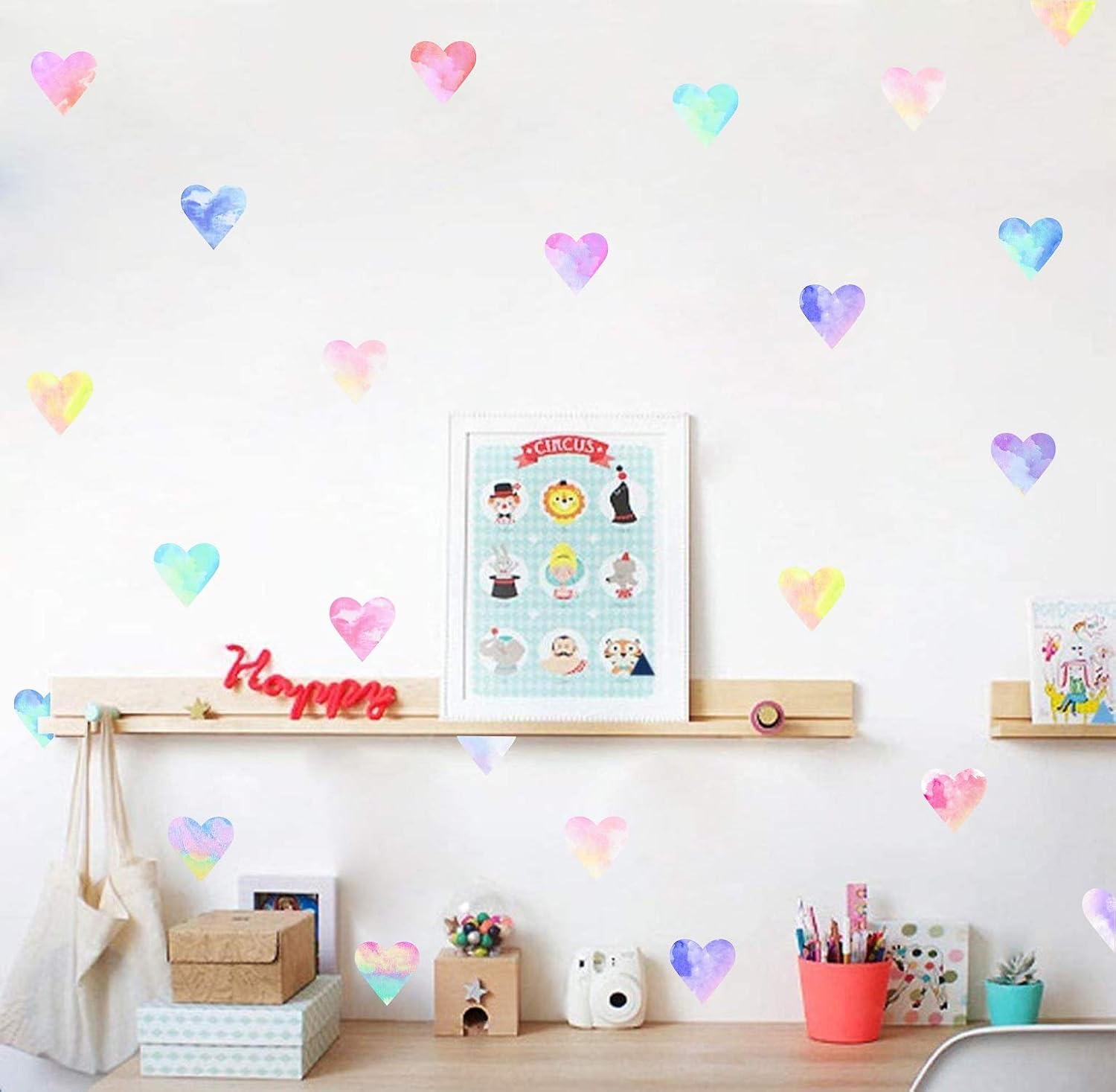 Wall Decals Watercolor Hearts Wall Stickers Heart Wall Decals for Girls Bedroom / Colorful Heart